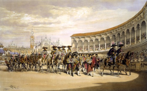 Colour lithograph depicting the entry of the Toreros in procession