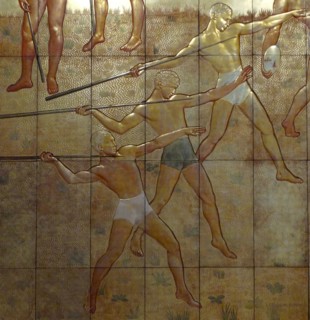 Stucco panels with gold lacquer titled 'Sports'