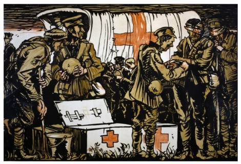 Red Cross. Soldiers receiving medical attention.