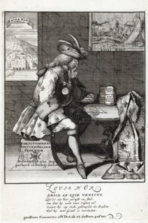 Print shows Louis XIV sitting at a table, resting on his left elbow.