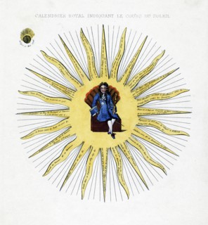 Print shows Louis XIV sitting on a box with fan-shaped back in the centre of the sun.