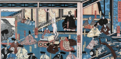 Hyogo chikuto hitobashira no zu (translation: Marking the new site for the capital at Hyogo).
