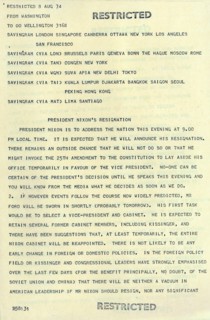 Telegram to US diplomats ahead of televised resignation of President Richard Nixon