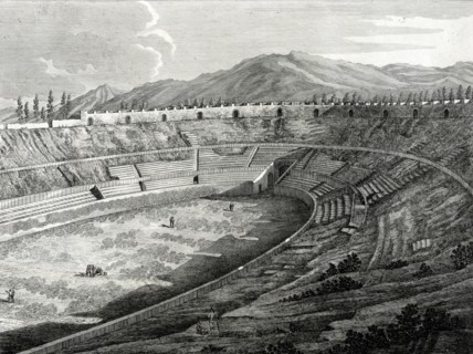 19th century drawing of the Amphitheatre at Pompeii Italy.