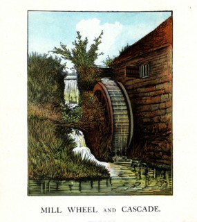 An American illustration of a water wheel by a mill 1870