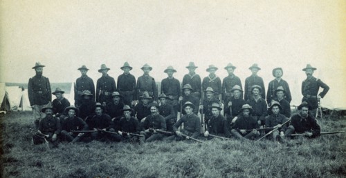 Photographic print of Theodore Roosevelt's Rough Riders, Company B, at a military camp, Montauk Point, New York