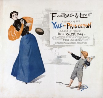 Poster depicting a woman and winged boy tossing a football