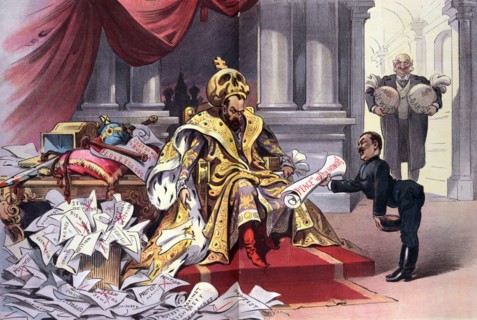 Political satire depicts Nicholas II, emperor of Russia, sitting on a throne, wearing a large skull topped with a cross as a crown, whilst a Japanese man is offering him papers labelled 'Peace 'with H...