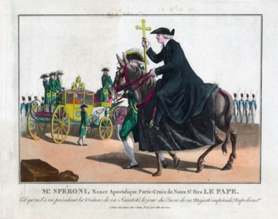 etching and aquatint depicting a papal nuncio, Mr. Speroni, on horseback being led by a guard, carrying the cross of the Pope to the coronation of Napoleon I at Notre Dame Cathedral