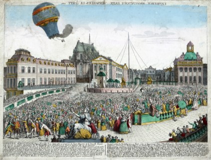 Hand-coloured etching depicting the hot-air balloons ascending from the Palace of Versailles, before the Royal Family.