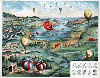 game board and instructions depicts a varied landscape and waterfront filled with numbered balloons