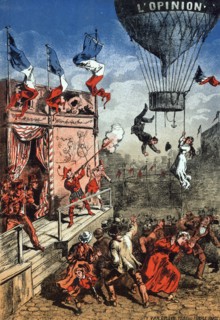 chromolithograph print depicting a theatrical performer on an outdoor stage shooting at a balloon