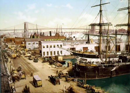 Photomechanical print of South street and the Brooklyn Bridge