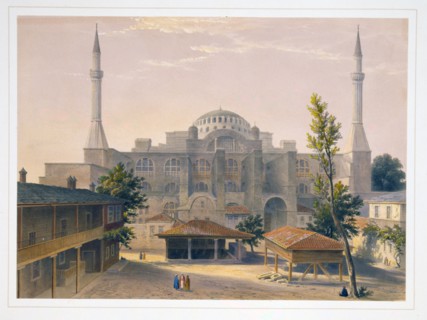 Colour lithograph of the Madrasah courtyard and exterior of Ayasofya Mosque, formerly the Church of Hagia Sophia