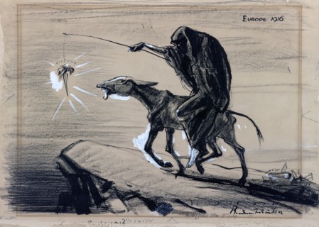 Political satire cartoon depicting Death riding an emaciated donkey and leading it toward a precipice by dangling a carrot, 'victory,' from a stick