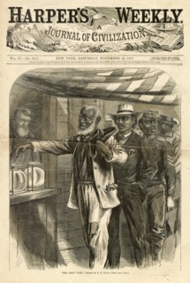Political satire woodcut engraving illustration depicting a queue of African-American men casting their votes