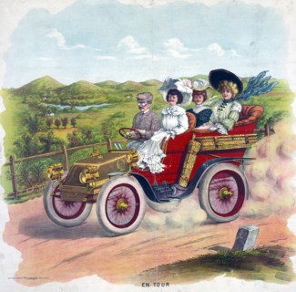 Three women and a man riding an automobile in the country, 1904.
