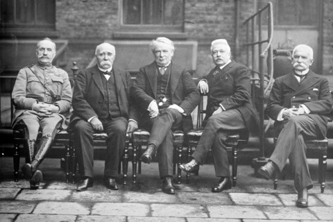 Photograph shows French General Ferdinand Foch (1851-1929), French Prime Minister Georges Benjamin Clemenceau (1841-1929), British Prime Minister David Lloyd George (1863-1945), Italian Prime Minister...