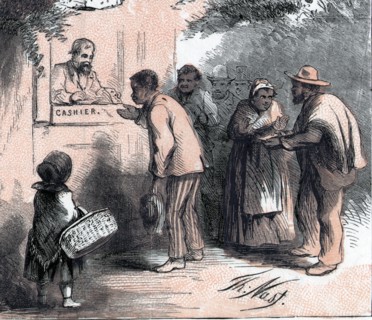 Thomas Nast's celebration of the emancipation of Southern slaves with the end of the Civil War.