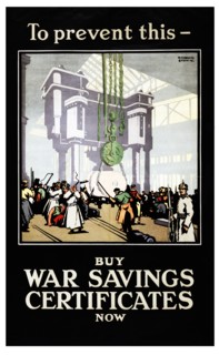 To prevent this - buy war savings certificates now. Poster showing German soldiers overseeing slave labour in a factory, and whipping one of the workers.
