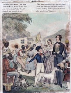 America. Print shows an idealized portrayal of American slavery and the conditions of blacks under this system.