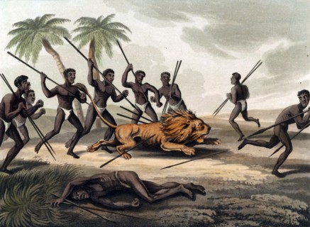 Africans with spears surrounding a lion. By Samuel Howitt,