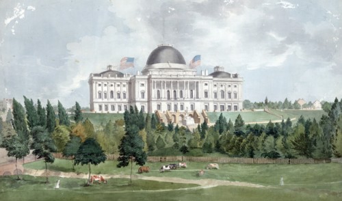 West front of the United States Capitol with cows in the foreground 1831; by John Rubens Smith, 1775-1849, artist