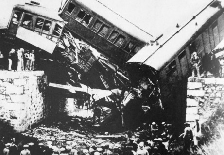 Wreckage of a train on the Seville to Barcelona route 1936