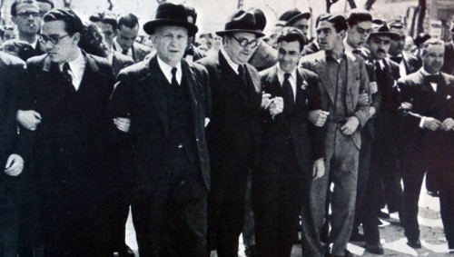 Demonstration in Madrid led by largo caballero (third from left) and Santiago Carrillo