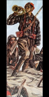 Carlist propaganda illustration of Carlist bugler playing.