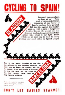 Poster from May 1938 to advertise two members of the Clarion Cycling Club cycled who from Glasgow to Barcelona