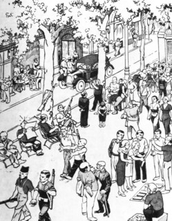 Cartoon showing Republican soldiers in battle, near Barcelona during the Spanish Civil War.