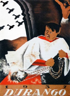 Republican propaganda poster showing a church altar boy terrified at the impending Bombing of Durango in Spain