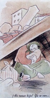woman with baby sheltering in a ruined building, during the Spanish Civil War
