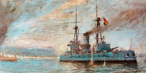 Spanish naval cruiser off Barcelona during the Spanish Civil War