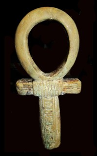 Egyptian faience ankh with the cartouche of Malenaqen, Napatan Period, about 555-542 BC.