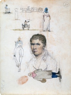 Eight small drawings, including portrait, figure studies, carts
