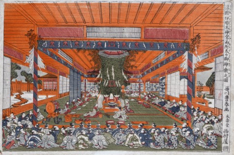 Perspective picture of the Daidai Kagura performance at the two sites, Ise Shrine.