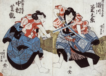 Segawa Kikunojo in the role of Nuregami no Chogoro and Nakamura Shikan Hanaregoma no Chokichi.