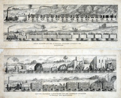 Print showing two views of passenger trains of the Liverpool and Manchester Railway Company