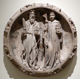 Montjuïc stone carving of Saint Bartholomew and Saint Abbot
