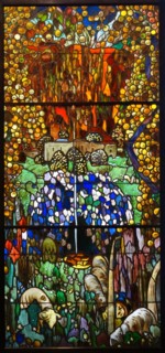 Stained-glass triptych titled 'The Blue Pool' by Joaquin Mir Trinxet