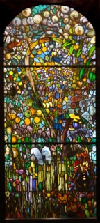 Stained-glass triptych titled 'The Blue Pool' by Joaquin Mir Trinxet
