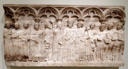 Carved alabaster depicting a funerary scene