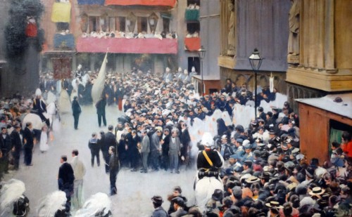 Painting depicting the Corpus Christi. Procession Leaving the Church of Santa Maria by Ramon Casas