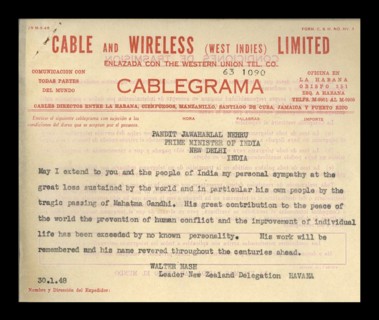 cable from New Zealand Prime Minister to Prime Minister of India on death of Mahatma Gandhi
