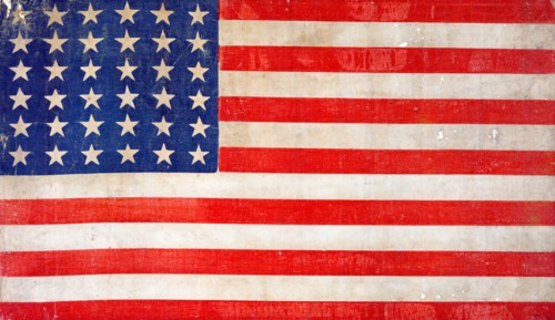 American flag celebrates the spirit of reunification in the heady days after the Civil War, 1867.