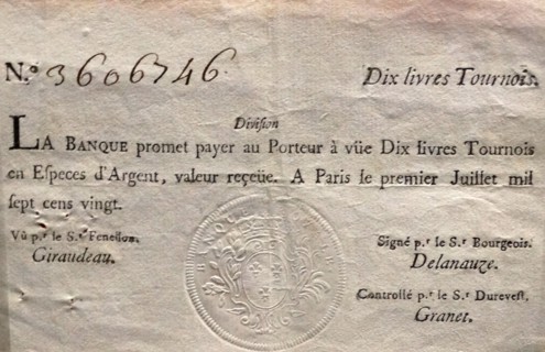 10 livres tournois banknote, issued by the Banque Royale, France, 1720