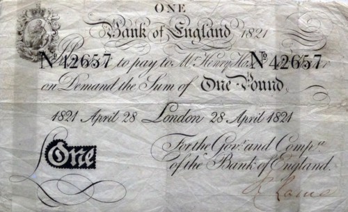 Bank of England cheque for one pound dated 1821