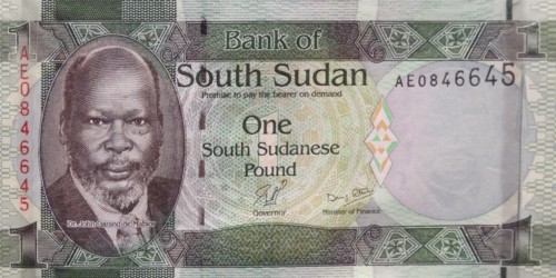 South Sudan banknote, 2011; features a portrait of John Garang